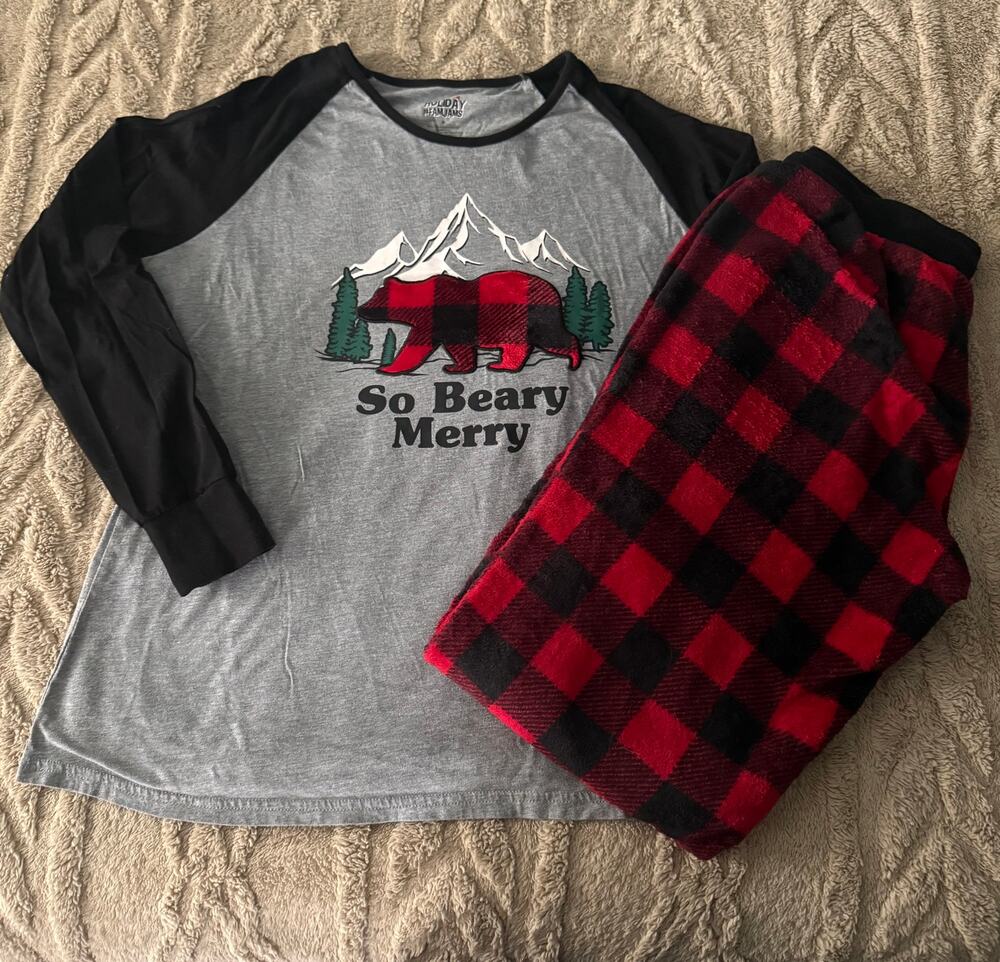 Holiday FamJams Christmas Pajama Set M So Beary Merry Bear Buffalo Plaid PJs